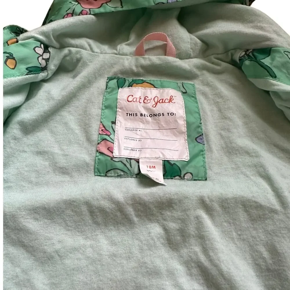 Cat & Jack Girls Toddler Rain Coat Jacket Green with Flower Design Size 18M - Picture 7 of 8